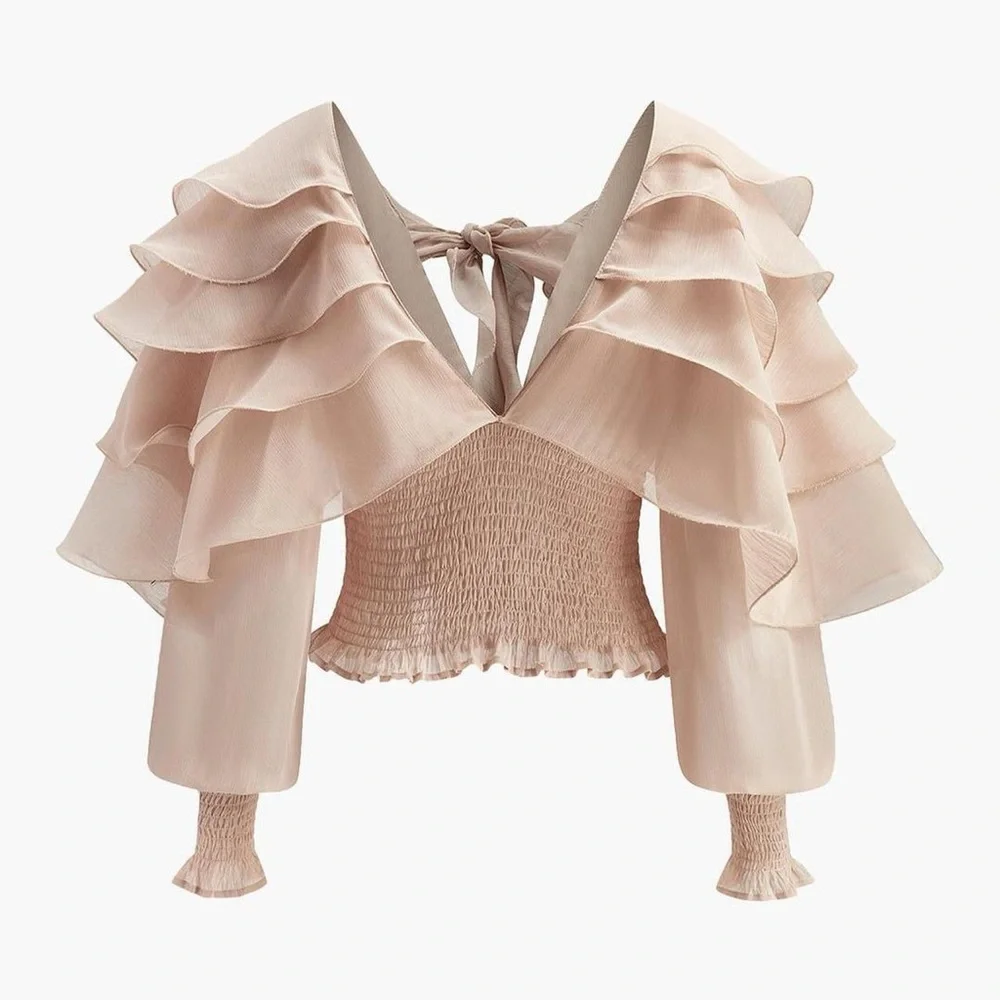 NWT Commense Elegant Nude Ruffled Women's Top Small - Picture 5 of 7